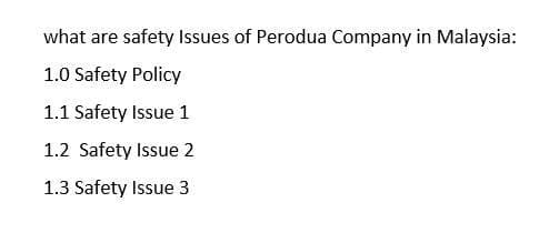 what are safety Issues of Perodua Company in Malaysia:
1.0 Safety Policy
1.1 Safety Issue 1
1.2 Safety Issue 2
1.3 Safety Issue 3