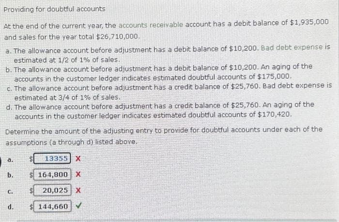 Providing for doubtful accounts
At the end of the current year, the accounts receivable account has a debit balance of $1,935,000
and sales for the year total $26,710,000.
a. The allowance account before adjustment has a debit balance of $10,200, Bad debt expense is
estimated at 1/2 of 1% of sales.
b. The allowance account before adjustment has a debit balance of $10,200. An aging of the
accounts in the customer ledger indicates estimated doubtful accounts of $175,000.
c. The allowance account before adjustment has a credit balance of $25,760. Bad debt expense is
estimated at 3/4 of 1% of sales.
d. The allowance account before adjustment has a credit balance of $25,760. An aging of the
accounts in the customer ledger indicates estimated doubtful accounts of $170,420.
Determine the amount of the adjusting entry to provide for doubtful accounts under each of the
assumptions (a through d) listed above.
a.
b.
C.
d.
13355 X
164,800 X
$20,025 X
$144,660 ✔