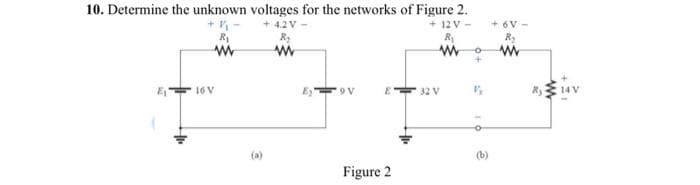 10. Determine the unknown voltages for the networks of Figure 2.
+ 4.2 V
12 V -
+ 6V
R1
16 V
32 V
(a)
(b)
Figure 2
