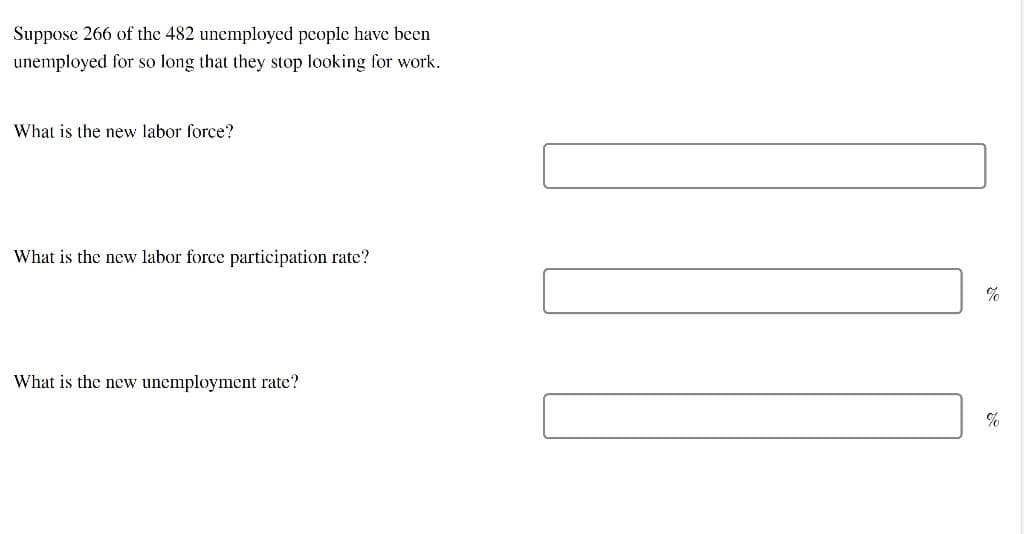 Suppose 266 of the 482 unemployed people have been
unemployed for so long that they stop looking for work.
What is the new labor force?
What is the new labor force participation rate?
What is the new unemployment rate?
%