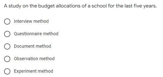 A study on the budget allocations of a school for the last five years.
Interview method
Questionnaire method
Document method
Observation method
Experiment method