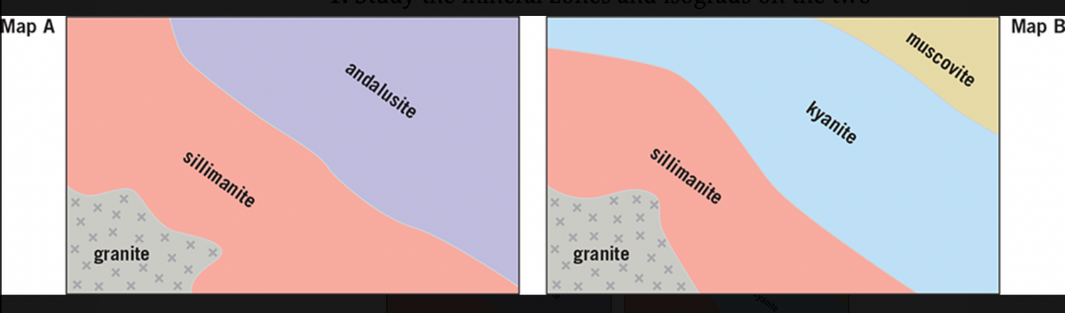 Map A
granite
sillimanite
andalusite
granite
sillimanite
xx
yanite
kyanite
muscovite
Map B