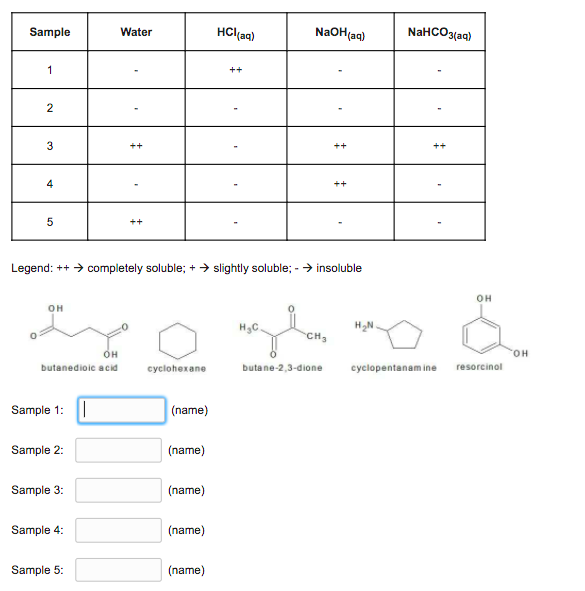 Sample
Water
HCl(aq)
NaOH(aq)
NaHCO3(aq)
1
++
2
++
++
++
++
Legend: ++ > completely soluble; +> slightly soluble; - > insoluble
OH
он
H3C.
H2N.
CH,
он
HO.
butanedioic acid
cyclohexane
butane-2,3-dione
eyclopentanam ine
resorcinol
Sample 1: ||
(name)
Sample 2:
(name)
Sample 3:
(name)
Sample 4:
(name)
Sample 5:
(name)
