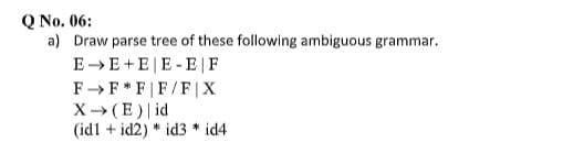 Q No. 06:
a) Draw parse tree of these following ambiguous grammar.
E→E+E|E -E|F
F→F*F|F/F|X
X(E) id
(id1 + id2) * id3 * id4
