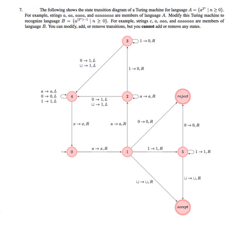 7. The following shows the state transition diagram of a Turing machine for language A = {a² In>0}.
For example, strings a, aa, aaaa, and aaaaaaaa are members of language A. Modify this Turing machine to
recognize language B = {a(2)-1 | n ≥ 0). For example, strings e, a, aaa, and aaaaaaa are members of
language B. You can modify, add, or remove transitions, but you cannot add or remove any states.
a → a, L
0-0,4
1+1, L
0-1,L
U-1,L
z→z,R
0
0-1,L
U-1,L
a➡z, R
31-0, R
1-0, R
2Daa,R
aa, R
1
0-0, R
1-1,R
U-U,R
reject
0-0, R
31+1,R
U-UR
accept