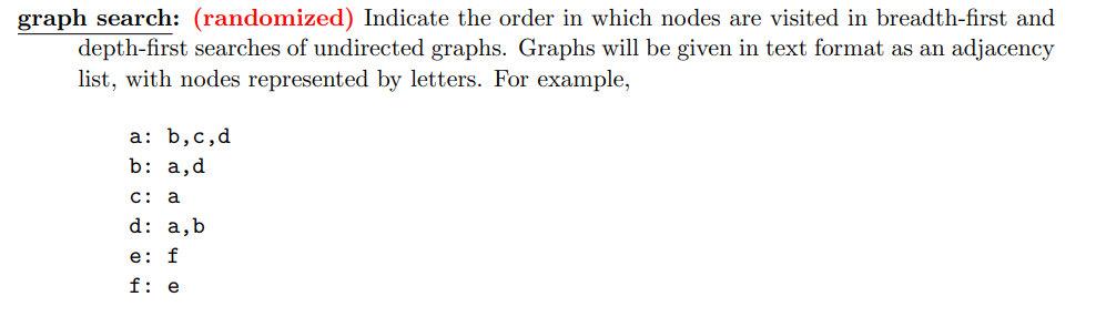 graph search: (randomized) Indicate the order in which nodes are visited in breadth-first and
depth-first searches of undirected graphs. Graphs will be given in text format as an adjacency
list, with nodes represented by letters. For example,
a: b,c,d
b: a,d
C: a
d: a,b
e: f
f: e
