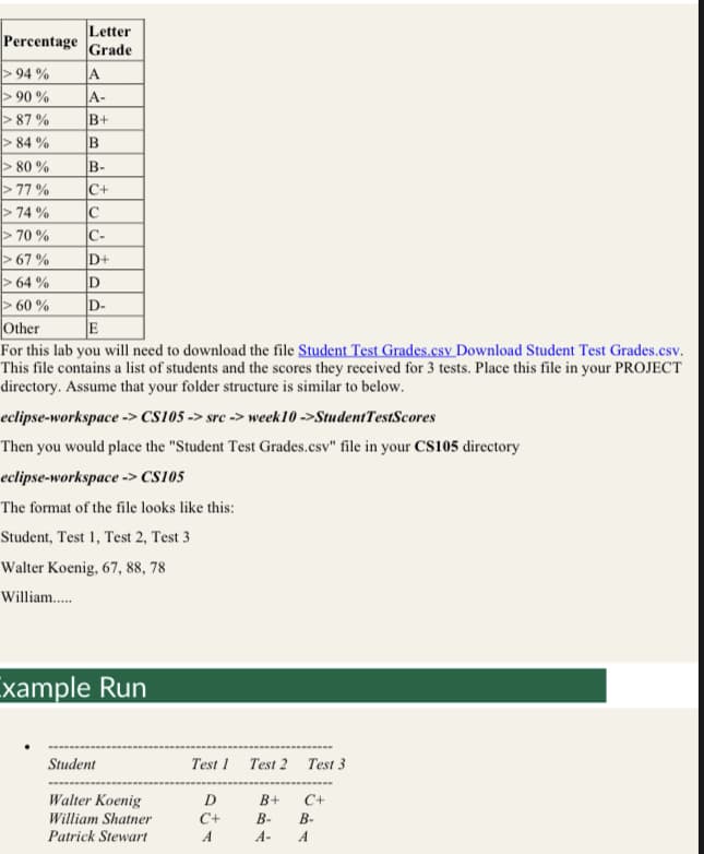 Percentage
> 94%
>90%
> 87%
> 84%
Letter
Grade
A
A-
B+
B
B-
C+
C
C-
D+
D
D-
Other
E
For this lab you will need to download the file Student Test Grades.csv Download Student Test Grades.csv.
This file contains a list of students and the scores they received for 3 tests. Place this file in your PROJECT
directory. Assume that your folder structure is similar to below.
eclipse-workspace -> CS105 -> src-> week 10 ->StudentTestScores
Then you would place the "Student Test Grades.csv" file in your CS105 directory
eclipse-workspace -> CS105
The format of the file looks like this:
Student, Test 1, Test 2, Test 3
Walter Koenig, 67, 88, 78
William.....
> 80%
> 77%
> 74%
> 70%
> 67%
>64%
> 60%
Example Run
Student
Walter Koenig
William Shatner
Patrick Stewart
Test 1 Test 2 Test 3
B+
D
C+
A
C+
B-
B-
A- A