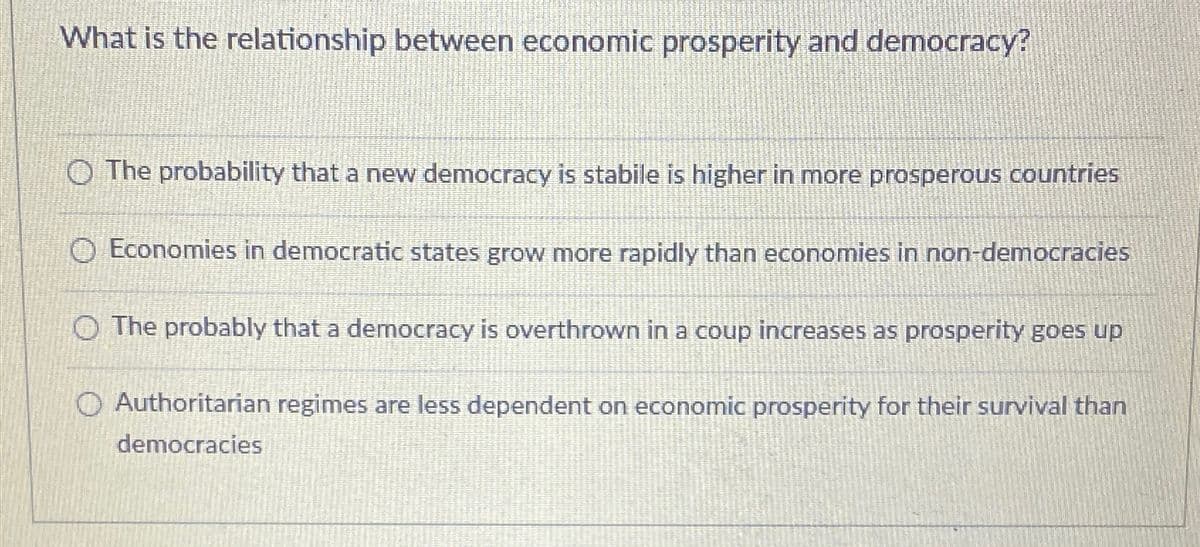 What is the relationship between economic prosperity and democracy?
O The probability that a new democracy is stabile is higher in more prosperous countries
Economies in democratic states grow more rapidly than economies in non-democracies
O The probably that a democracy is overthrown in a coup increases as prosperity goes up
Authoritarian regimes are less dependent on economic prosperity for their survival than
democracies