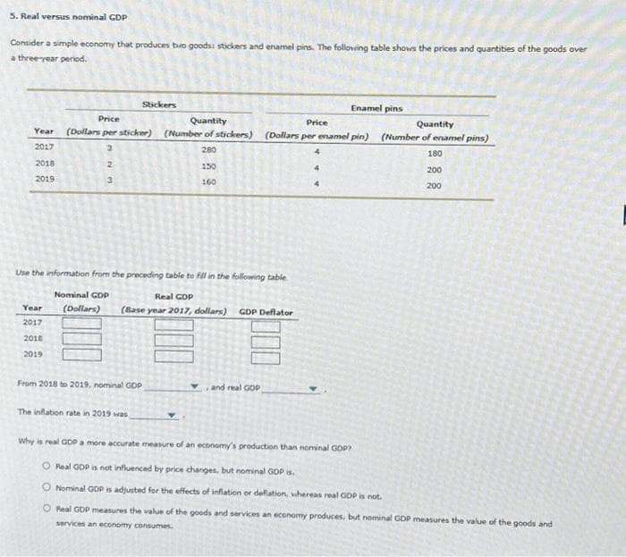 5. Real versus nominal GDP
Consider a simple economy that produces two goods: stickers and enamel pins. The following table shows the prices and quantities of the goods over
a three-year period.
Price
Year (Dollars per sticker)
2017
2018
2019
Year
2017
MNM
2018
2019
3
2
Stickers
3
Quantity
(Number of stickers)
280
Use the information from the preceding table to fill in the following table
Nominal GDP
Real GDP
(Dollars) (Base year 2017, dollars) GDP Deflator
From 2018 to 2019, nominal GDP
150
160
and real GOP
Enamel pins
Price
Quantity
(Dollars per enamel pin) (Number of enamel pins)
180
200
200
The inflation rate in 2019 was
Why is real GDP a more accurate measure of an economy's production than nominal GDP?
O Real GDP is not influenced by price changes, but nominal GOP is.
O Nominal GDP is adjusted for the effects of inflation or deflation, whereas real GDP is not.
O Real GDP measures the value of the goods and services an economy produces, but nominal GDP measures the value of the goods and
services an economy consumes.
