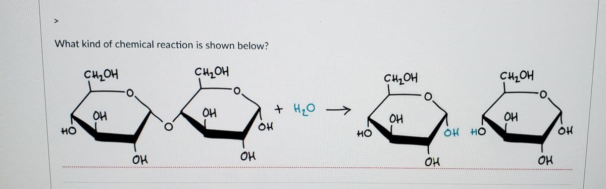 What kind of chemical reaction is shown below?
CH2OH
CH2OH
CH2OH
CH2OH
O.
OH
+ HzO -
OH
OH
OH
HO
OH
OH HO
OH
HO
OH
OH
OH
OH
