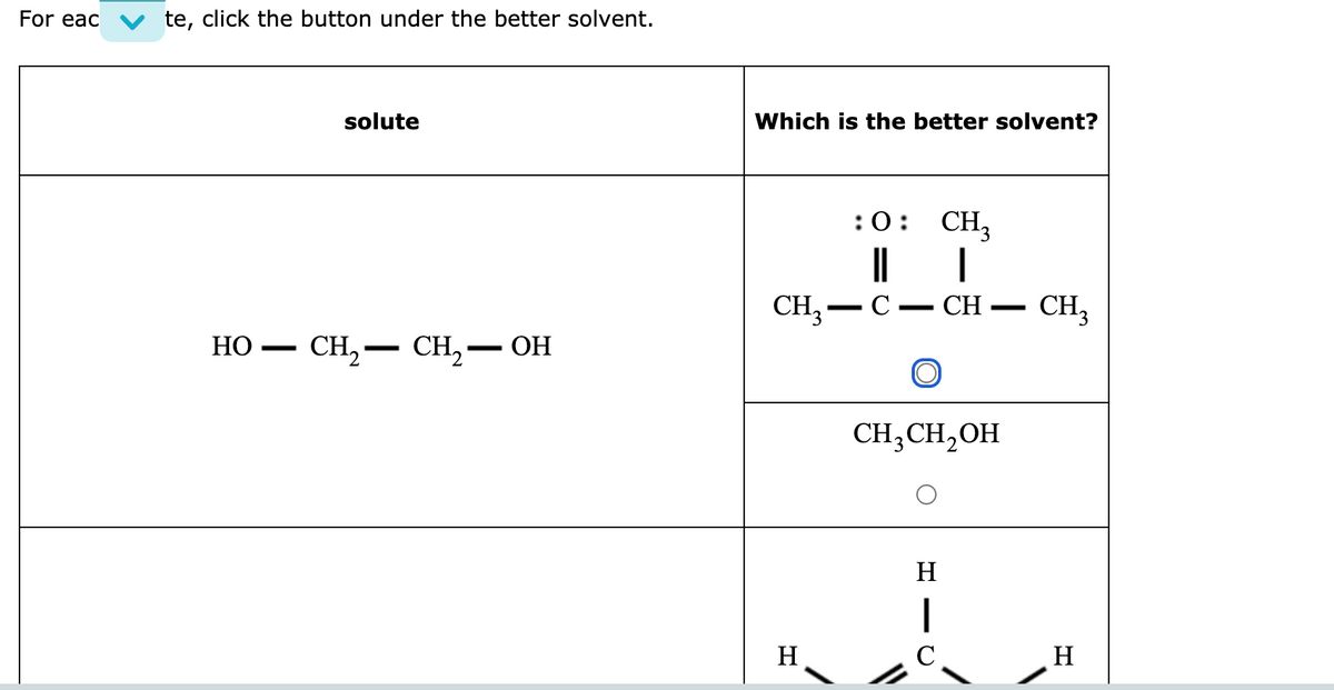 For eac
te, click the button under the better solvent.
solute
Which is the better solvent?
:0: CH,
|
CH – CH3
CH;- C
НО
CH,— CH, — он
-
-
-
CH;CH2OH
H
|
H
C
H
