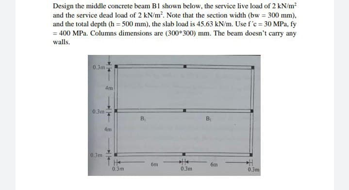 Design the middle concrete beam B1 shown below, the service live load of 2 kN/m²
and the service dead load of 2 kN/m². Note that the section width (bw = 300 mm),
and the total depth (h=500 mm), the slab load is 45.63 kN/m. Use f'c = 30 MPa, fy
= 400 MPa. Columns dimensions are (300*300) mm. The beam doesn't carry any
walls.
0.3m
0.3m
0.3m
4m
4m
H
0.3m
B₁
6m
0.3m
B₁
6m
0.3m