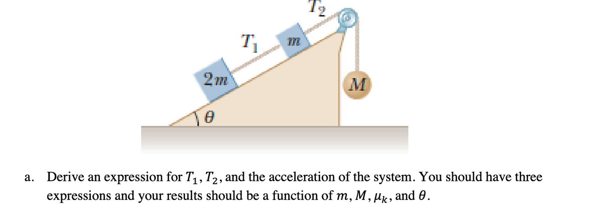 a.
2m
0
T₁
1₂
M
Derive an expression for T₁, T2, and the acceleration of the system. You should have three
expressions and your results should be a function of m, M, µê, and 0.
