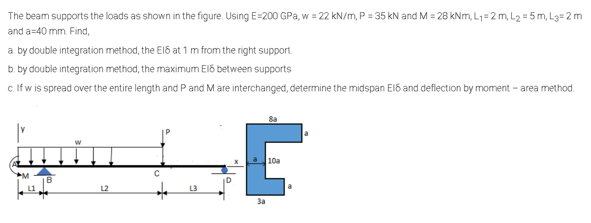 The beam supports the loads as shown in the figure. Using E=200 GPa, w = 22 kN/m, P = 35 kN and M = 28 kNm, L1= 2 m, L2 = 5 m, L3= 2 m
and a=40 mm. Find,
a. by double integration method, the El6 at 1 mn from the right support.
b. by double integration method, the maximum El5 between supports
c. If w is spread over the entire length and P and Mare interchanged, determine the midspan E15 and deflection by moment - area method.
8a
a
10a
L1
L2
L3
a
За
