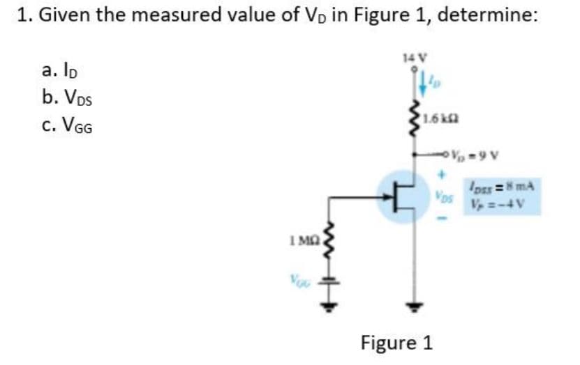 1. Given the measured value of Vp in Figure 1, determine:
14 V
a. Ip
b. Vps
c. VGG
1.6 k
V-9 V
Vos
I MO
Vou
Figure 1
