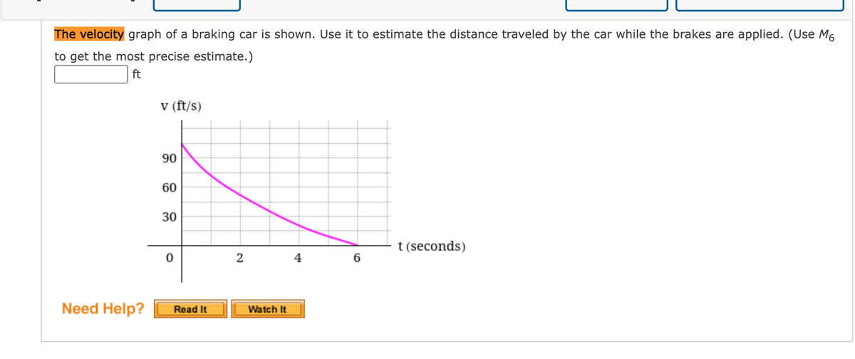 The velocity graph of a braking car is shown. Use it to estimate the distance traveled by the car while the brakes are applied. (Use M6
to get the most precise estimate.)
ft
v (ft/s)
90
60
t (seconds)
2
4
Need Help?
Read It
Watch It
30
