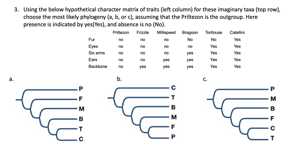 3. Using the below hypothetical character matrix of traits (left column) for these imaginary taxa (top row),
choose the most likely phylogeny (a, b, or c), assuming that the Priltezon is the outgroup. Here
presence is indicated by yes(Yes), and absence is no (No).
Priltezon Frizzle
Millispeed
Bragoon Tortlouse
Catellini
Fur
no
no
no
No
No
Yes
Eyes
no
no
no
no
Yes
Yes
Six arms
no
no
no
yes
Yes
Yes
Ears
no
no
yes
yes
Yes
Yes
Backbone
no
yes
yes
yes
Yes
Yes
b.
C.
a.
P
F
T
M
B
M
B
F
T
P
C
PMBFCT