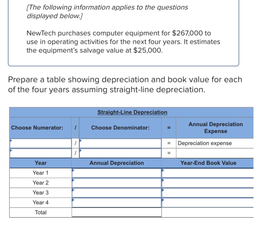 [The following information applies to the questions
displayed below.]
NewTech purchases computer equipment for $267,000 to
use in operating activities for the next four years. It estimates
the equipment's salvage value at $25,000.
Prepare a table showing depreciation and book value for each
of the four years assuming straight-line depreciation.
Straight-Line Depreciation
Annual Depreciation
Expense
Choose Numerator:
Choose Denominator:
Depreciation expense
%3D
Year
Annual Depreciation
Year-End Book Value
Year 1
Year 2
Year 3
Year 4
Total
II
