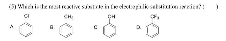 (5) Which is the most reactive substrate in the electrophilic substitution reaction? (
ÇI
CH3
он
CF3
А.
В.
C.
D.
