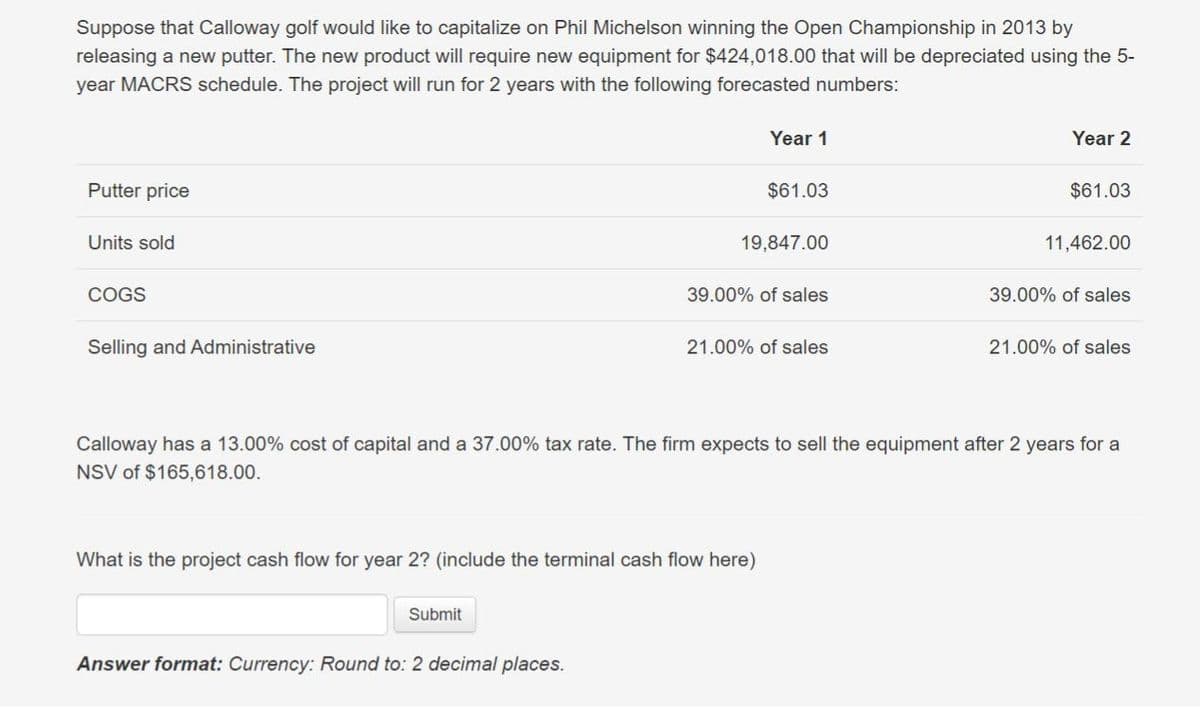 Suppose that Calloway golf would like to capitalize on Phil Michelson winning the Open Championship in 2013 by
releasing a new putter. The new product will require new equipment for $424,018.00 that will be depreciated using the 5-
year MACRS schedule. The project will run for 2 years with the following forecasted numbers:
Putter price
Units sold
COGS
Selling and Administrative
Year 1
$61.03
Year 2
$61.03
19,847.00
11,462.00
39.00% of sales
39.00% of sales
21.00% of sales
21.00% of sales
Calloway has a 13.00% cost of capital and a 37.00% tax rate. The firm expects to sell the equipment after 2 years for a
NSV of $165,618.00.
What is the project cash flow for year 2? (include the terminal cash flow here)
Submit
Answer format: Currency: Round to: 2 decimal places.