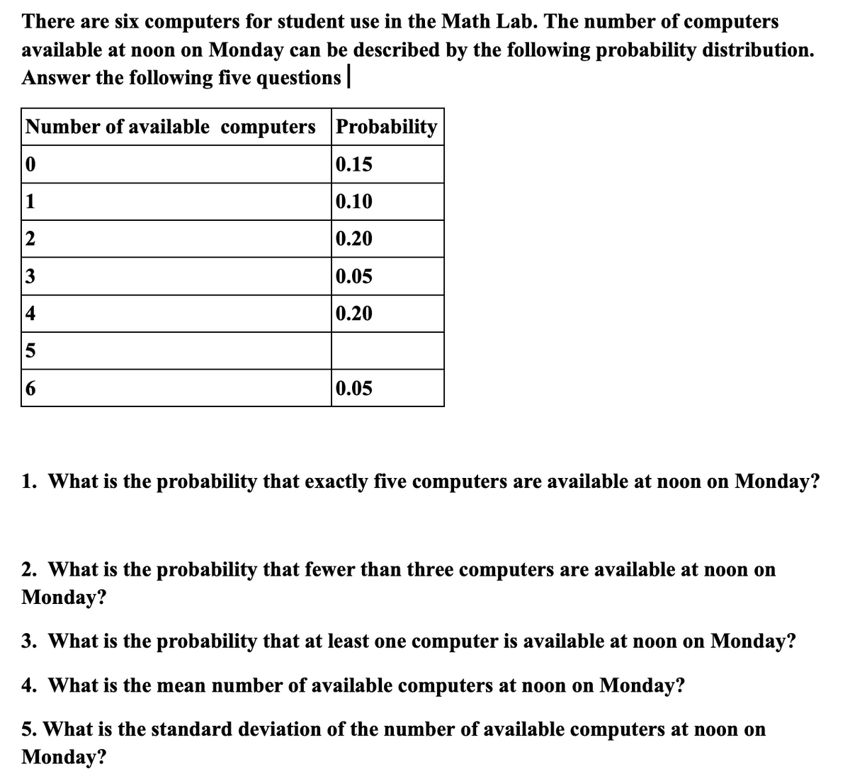 There are six computers for student use in the Math Lab. The number of computers
available at noon on Monday can be described by the following probability distribution.
Answer the following five questions |
Number of available computers
1
3
5
Probability
0.15
0.10
0.20
0.05
0.20
0.05
1. What is the probability that exactly five computers are available at noon on Monday?
2. What is the probability that fewer than three computers are available at noon on
Monday?
3. What is the probability that at least one computer is available at noon on Monday?
4. What is the mean number of available computers at noon on Monday?
5. What is the standard deviation of the number of available computers at noon on
Monday?