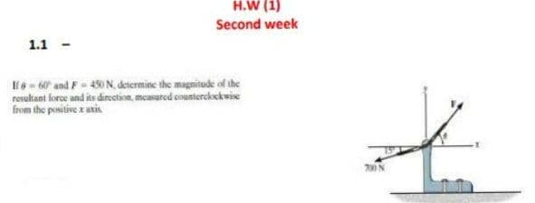 H.W (1)
Second week
1.1
l-60 and F-45O N, determine the magnitude of the
rosultant force und its direction, measured counterckockwie
from the positive x axis
700 N

