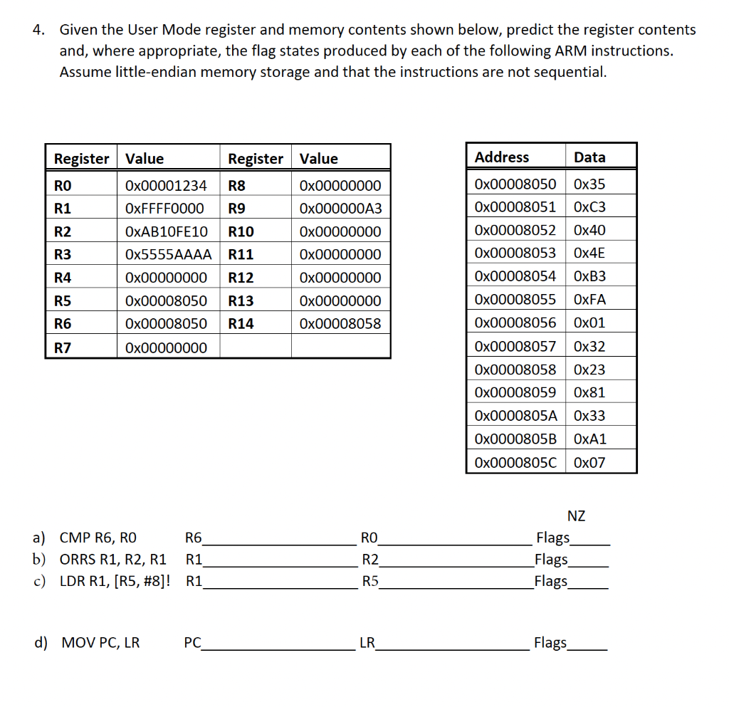 4. Given the User Mode register and memory contents shown below, predict the register contents
and, where appropriate, the flag states produced by each of the following ARM instructions.
Assume little-endian memory storage and that the instructions are not sequential.
Register Value
Register Value
Address
Data
RO
Ox00001234
R8
Ох00000000
Ox00008050
Ох35
R1
OXFFFF0000
R9
Ох000000АЗ
Ox00008051
OXC3
R2
OXAB10FE10
R10
Ox00000000
Ox00008052
Ox40
R3
OX5555AAAA R11
Ox00000000
Ox00008053
OX4E
R4
Ox00000000
R12
Ox00000000
Ox00008054
OXB3
R5
Ox00008050
R13
Ох00000000
Ох00008055
OXFA
R6
Ox00008050
R14
Ox00008058
Ox00008056
Ох01
R7
Ox00000000
Ox00008057
Ох32
Ox00008058
Ox23
Ox00008059
Ох81
OX0000805A Ox33
OX0000805B
ОХА1
OX0000805C Ox07
NZ
a) CMP R6, RO
b) ORRS R1, R2, R1
Flags
Flags
Flags
R6
RO
R1
R2
c) LDR R1, [R5, #8]! R1
R5
d) MOV PC, LR
PC
LR
Flags
