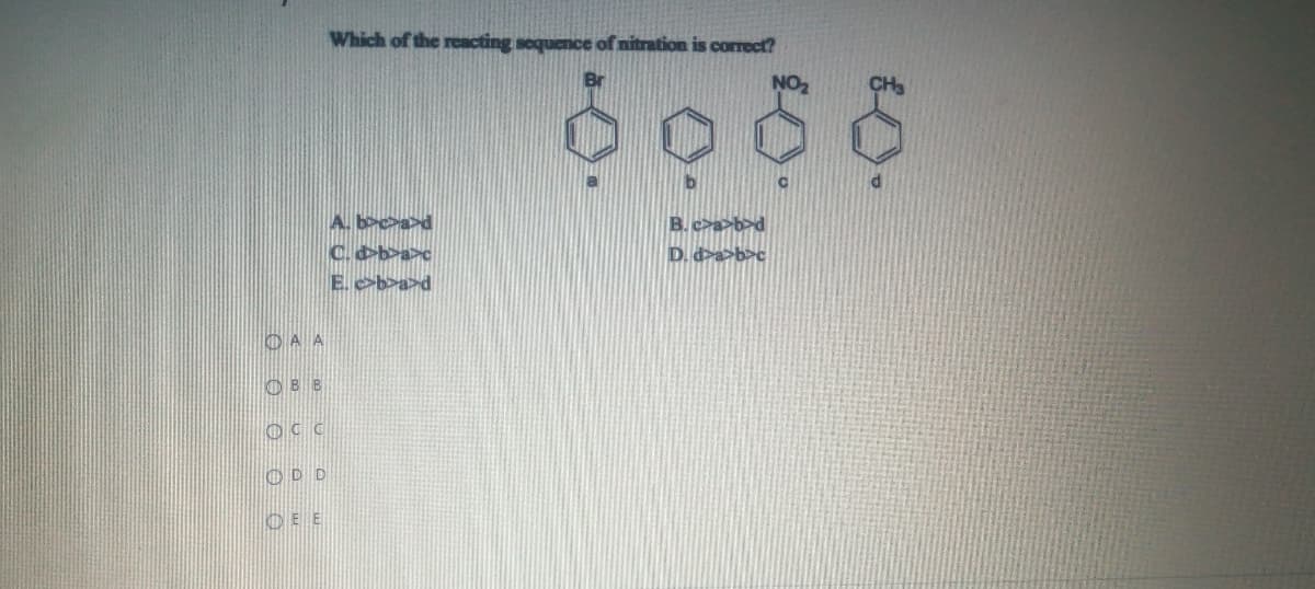 Which of the reacting sequence of nitration is correct?
A. bc>a>d
C.>b>a>c
E.c>b>a>d
B. c>a>b>d
D. d>a>b>c
OA A
OBB
ODD
OE E
