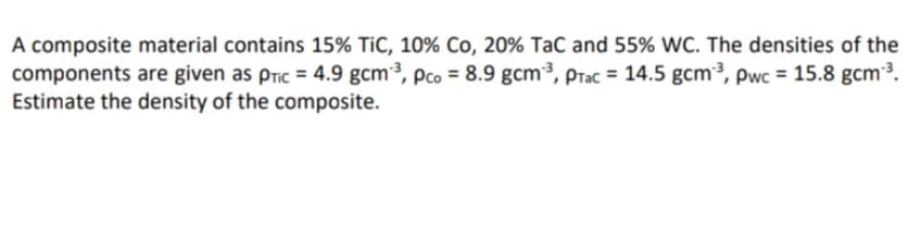 A composite material contains 15% TiC, 10% Co, 20% TaC and 55% WC. The densities of the
components are given as Pric = 4.9 gcm³, pco = 8.9 gcm³, PTac = 14.5 gcm³, Pwc = 15.8 gcm³³.
Estimate the density of the composite.