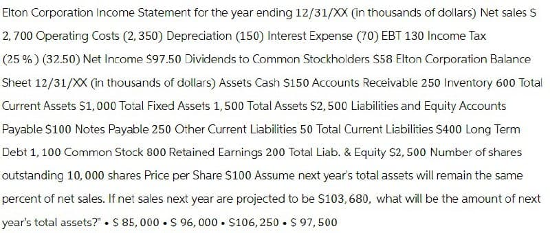 Elton Corporation Income Statement for the year ending 12/31/XX (in thousands of dollars) Net sales $
2,700 Operating Costs (2,350) Depreciation (150) Interest Expense (70) EBT 130 Income Tax
(25%) (32.50) Net Income $97.50 Dividends to Common Stockholders $58 Elton Corporation Balance
Sheet 12/31/XX (in thousands of dollars) Assets Cash $150 Accounts Receivable 250 Inventory 600 Total
Current Assets $1,000 Total Fixed Assets 1,500 Total Assets $2,500 Liabilities and Equity Accounts
Payable $100 Notes Payable 250 Other Current Liabilities 50 Total Current Liabilities $400 Long Term
Debt 1, 100 Common Stock 800 Retained Earnings 200 Total Liab. & Equity $2,500 Number of shares
outstanding 10,000 shares Price per Share $100 Assume next year's total assets will remain the same
percent of net sales. If net sales next year are projected to be $103, 680, what will be the amount of next
year's total assets?" $ 85,000 $96,000 $106,250 $ 97,500