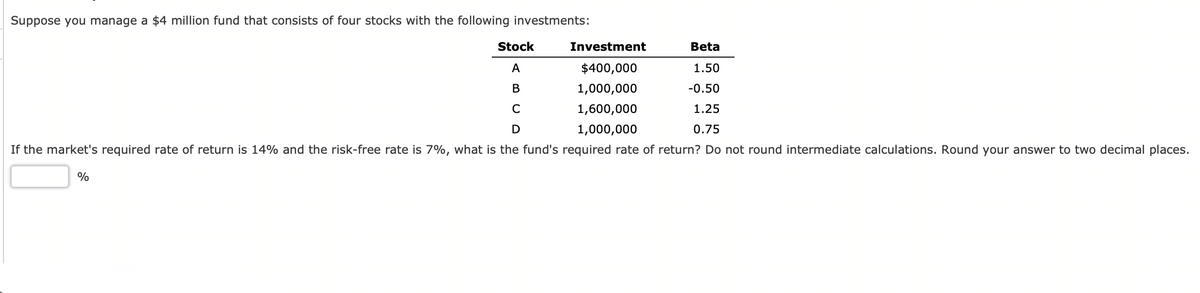 Suppose you manage a $4 million fund that consists of four stocks with the following investments:
Beta
Stock
A
1.50
B
-0.50
1.25
C
D
0.75
If the market's required rate of return is 14% and the risk-free rate is 7%, what is the fund's required rate of return? Do not round intermediate calculations. Round your answer to two decimal places.
Investment
$400,000
1,000,000
1,600,000
1,000,000
%