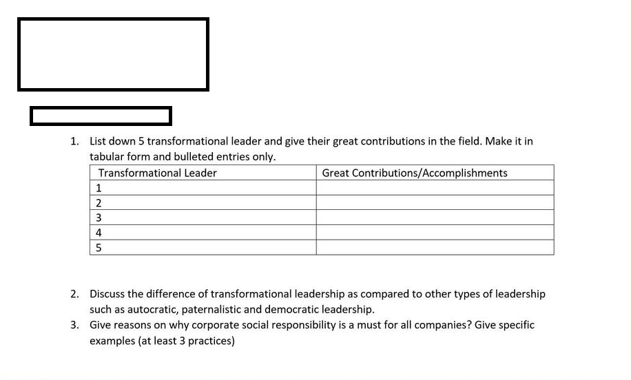 1. List down 5 transformational leader and give their great contributions in the field. Make it in
tabular form and bulleted entries only.
Transformational Leader
Great Contributions/Accomplishments
1
2
3
4
5
2.
Discuss the difference of transformational leadership as compared to other types of leadership
such as autocratic, paternalistic and democratic leadership.
3.
Give reasons on why corporate social responsibility is a must for all companies? Give specific
examples (at least 3 practices)