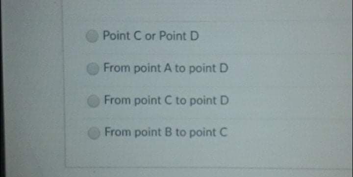 Point C or Point D
From point A to point D
From point C to point D
From point B to point C
