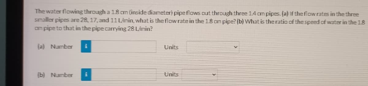 The water flowing through a 1.8 cm (inside diameter) pipeflows out through three 1.4 am pipes. ļa) If the flow rates in the three
smaller pipes are 28, 17, and 11 L/min, what is the flow rate in the 1.8 cm pipe? (b) What is the ratio of the speed of water in the 1.8
am pipe to that in the pipe carrying 28 Limin?
ja) Number
Units
(b) Number
Units
