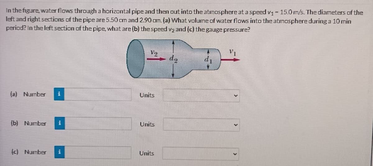 In the figure, water flows through a horizontal pipe and then out into the atmosphere at a speed v1 = 15.0 m/s. The diarneters of the
left and right sections of the pipe are 5.50 cm and 2.90 cm. (a) What volume of water flows into the atmosphere during a 10 min
period? In the left section of the pipe, what are (b) the speed v2 and (c) the gauge pressure?
(a) Number
i
Units
(b) Number
Units
Įc) Number
Units
