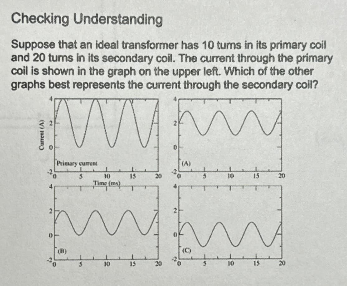 Checking Understanding
Suppose that an ideal transformer has 10 turns in its primary coil
and 20 turns in its secondary coil. The current through the primary
coil is shown in the graph on the upper left. Which of the other
graphs best represents the current through the secondary coil?
WWW
Primary current
S
10
Time (ms)
0
(A)
15
20
5
10
15
20
T
0-
(B)
2
(C)
S
10
15
20
S
10
15
20
