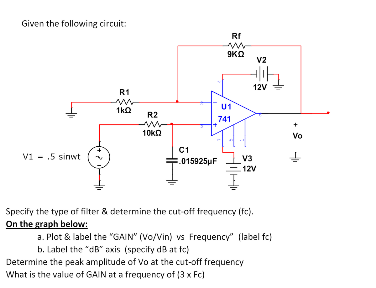 Given the following circuit:
V1 = .5 sinwt
Rf
w
9KQ
V2
R1
w
1ΚΩ
R2
w
10ΚΩ
12V
U1
741
+
C1
V3
=.015925μF
12V
Specify the type of filter & determine the cut-off frequency (fc).
On the graph below:
a. Plot & label the "GAIN" (Vo/Vin) vs Frequency" (label fc)
b. Label the "dB" axis (specify dB at fc)
Determine the peak amplitude of Vo at the cut-off frequency
What is the value of GAIN at a frequency of (3 x Fc)
+
Vo