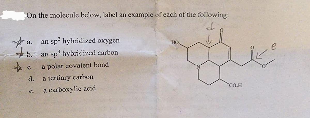 On the molecule below, label an example of each of the following:
d
a.
b.
$5.
4
C.
d.
e.
an sp² hybridized oxygen
ar sp³ hybridized carbon
a polar covalent bond
a tertiary carbon
a carboxylic acid
HO
N
CO₂H
e