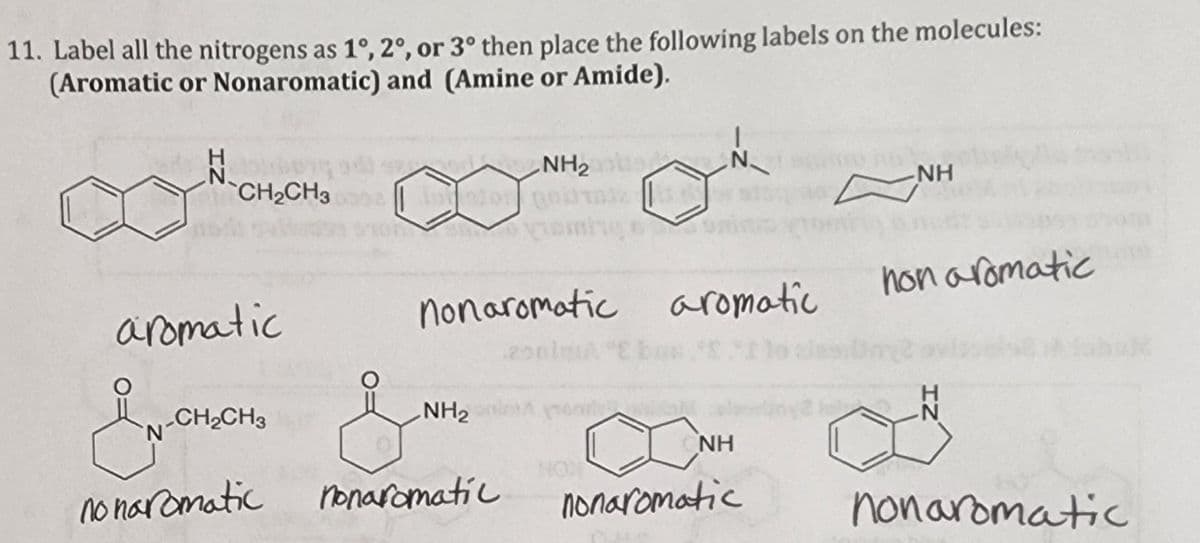 11. Label all the nitrogens as 1°, 2°, or 3° then place the following labels on the molecules:
(Aromatic or Nonaromatic) and (Amine or Amide).
H
Nong
N
CH₂CH3
aromatic
CH₂CH3
no naromatic
O
lufton
NH₂
NH₂
nonaromatic
embe
nonaromatic aromatic
25
on
N.
°E
NH
nonaromatic
ΝΗ
non aromatic
IZ
nonaromatic
