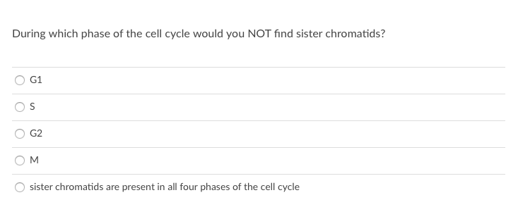 During which phase of the cell cycle would you NOT find sister chromatids?
G1
G2
M
sister chromatids are present in all four phases of the cell cycle
