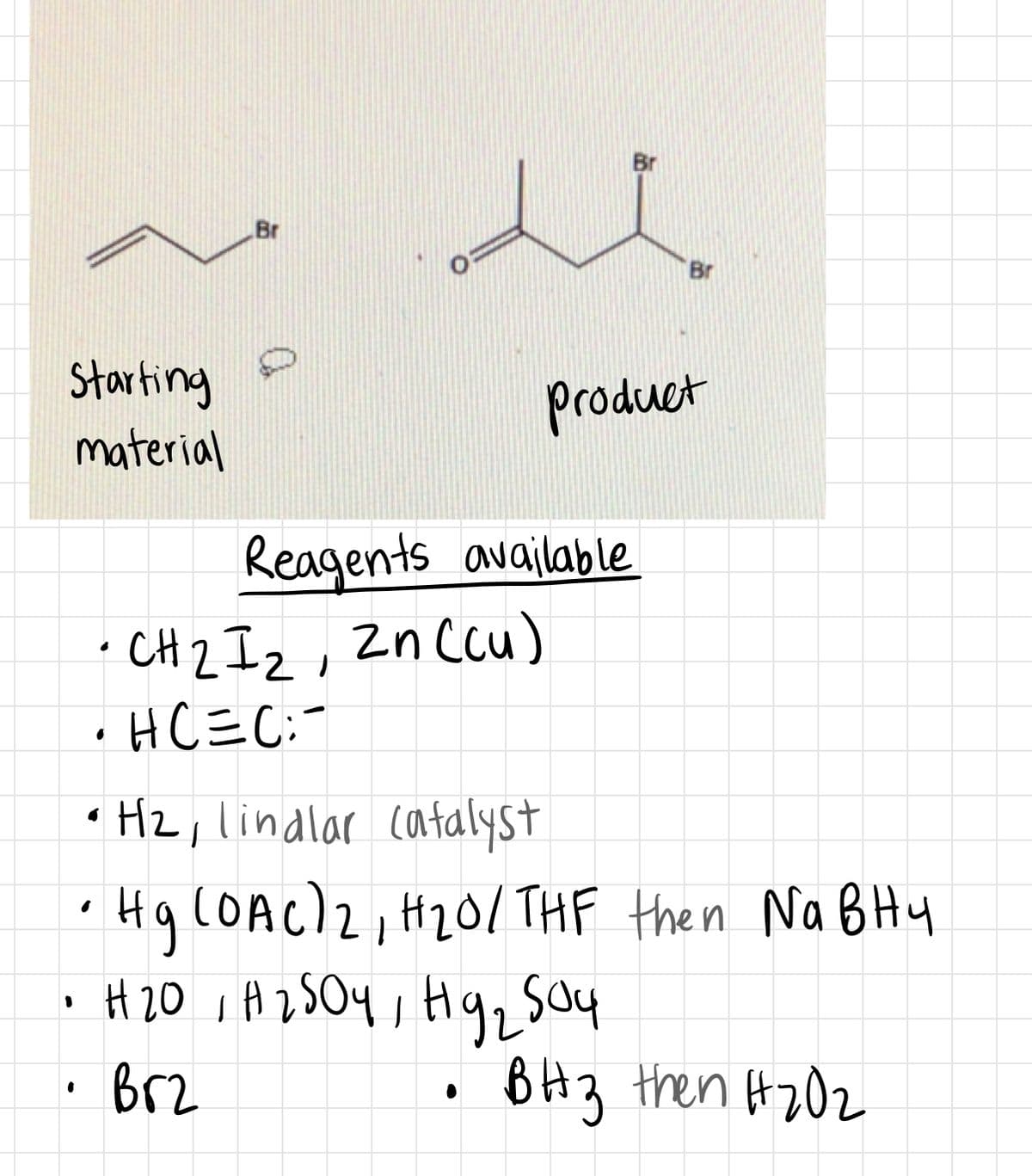 Br
Br
Br
Starting
material
product
Reagents available
• CH 2 Iz, Zn Ccu)
•HC=C:-
• Hz, lindlar catalyst
Hq COAC)2, H20/THF then Na BHy
Brz
BH3 then H20z
