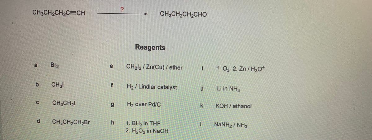 CH3CH2CH2C=CH
CH3CH2CH,CHO
Reagents
Br2
CH212 / Zn(Cu) / ether
1. O3 2. Zn / H3O*
b.
CH3I
if
H2 / Lindlar catalyst
Li in NH3
CH;CH,I
6.
H2 over Pd/C
KOH / ethanol
d.
CH3CH2CH,Br
1. BH, in THF
2. H2O2 in NaOH
一
NaNH, / NH3
