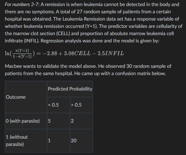 For numbers 2-7: A remission is when leukemia cannot be detected in the body and
there are no symptoms. A total of 27 random sample of patients from a certain
hospital was obtained. The Leukemia Remission data set has a response variable of
whether leukemia remission occurred (Y=1). The predictor variables are cellularity of
the marrow clot section (CELL) and proportion of absolute marrow leukemia cell
infiltrate (INFIL). Regression analysis was done and the model is given by:
In(1²(Y-1)) = -2.88 +3.08CELL - 2.5INFIL
Macbee wants to validate the model above. He observed 30 random sample of
patients from the same hospital. He came up with a confusion matrix below.
Predicted Probability
Outcome
< 0.5
> 0.5
0 (with parasite)
5
2
1 (without
1
20
parasite)