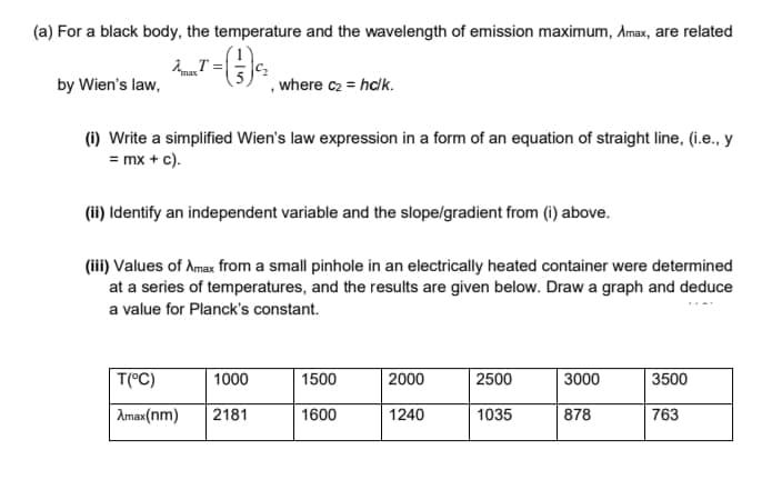 (a) For a black body, the temperature and the wavelength of emission maximum, Amax, are related
AT=
T = ( 1 ) ²₂
by Wien's law,
, where c₂ = hc/k.
(i) Write a simplified Wien's law expression in a form of an equation of straight line, (i.e., y
= mx + c).
(ii) Identify an independent variable and the slope/gradient from (i) above.
(iii) Values of Amax from a small pinhole in an electrically heated container were determined
at a series of temperatures, and the results are given below. Draw a graph and deduce
a value for Planck's constant.
T(°C)
1000
Amax(nm) 2181
1500
1600
2000
1240
2500
1035
3000
878
3500
763