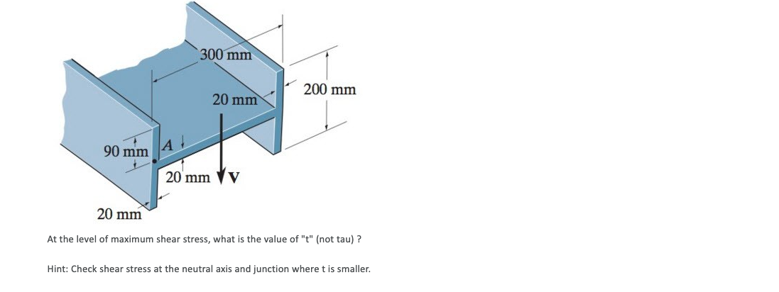 300 mm
200 mm
20 mm
90 mm
20 mm
20 mm
At the level of maximum shear stress, what is the value of "t" (not tau) ?
Hint: Check shear stress at the neutral axis and junction where t is smaller.
