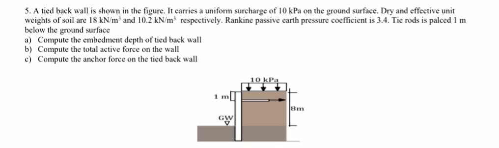 5. A tied back wall is shown in the figure. It carries a uniform surcharge of 10 kPa on the ground surface. Dry and effective unit
weights of soil are 18 kN/m³ and 10.2 kN/m³ respectively. Rankine passive earth pressure coefficient is 3.4. Tie rods is palced 1 m
below the ground surface
a) Compute the embedment depth of tied back wall
b) Compute the total active force on the wall
c) Compute the anchor force on the tied back wall
10 kPa
1 m
GW
8m