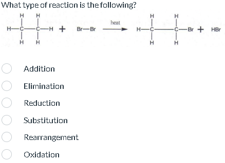 What type of reaction is the following?
HICIH
H-C-
HICIH
-C-H+
T
Br-Br
O Addition
O Elimination
O Reduction
O Substitution
O Rearrangement.
O Oxidation
heat
H
H-C-
H
H
-C-Br + HBr
H
