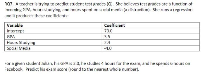 RQ7. A teacher is trying to predict student test grades (Q). She believes test grades are a function of
incoming GPA, hours studying, and hours spent on social media (a distraction). She runs a regression
and it produces these coefficients:
Variable
Coefficient
Intercept
GPA
Hours Studying
Social Media
70.0
3.5
2.4
-4.0
For a given student Julian, his GPA is 2.0, he studies 4 hours for the exam, and he spends 6 hours on
Facebook. Predict his exam score (round to the nearest whole number).
