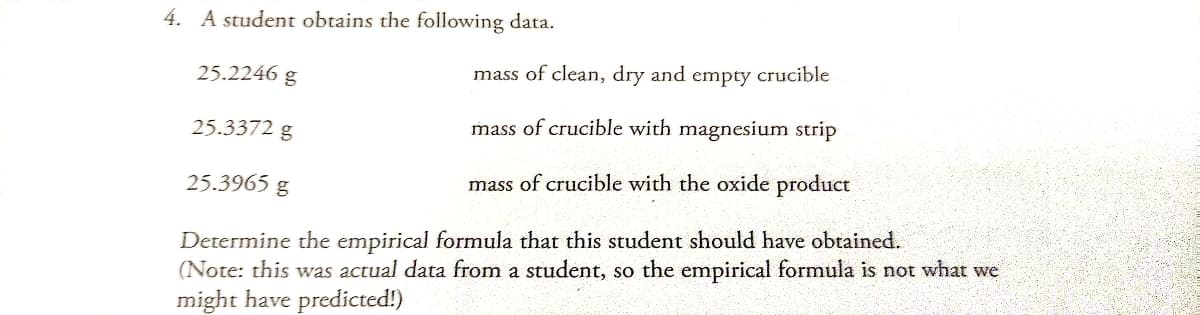 4. A student obtains the following data.
mass of clean, dry and empty crucible
mass of crucible with magnesium strip
25.3965 g
mass of crucible with the oxide product
Determine the empirical formula that this student should have obtained.
(Note: this was actual data from a student, so the empirical formula is not what we
might have predicted!)
25.2246 g
25.3372 g