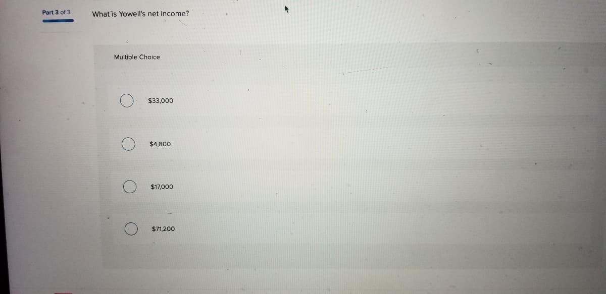 Part 3 of 3
What is Yowell's net income?
Multiple Choice
$33,000
$4.800
$17,000
$71,200
